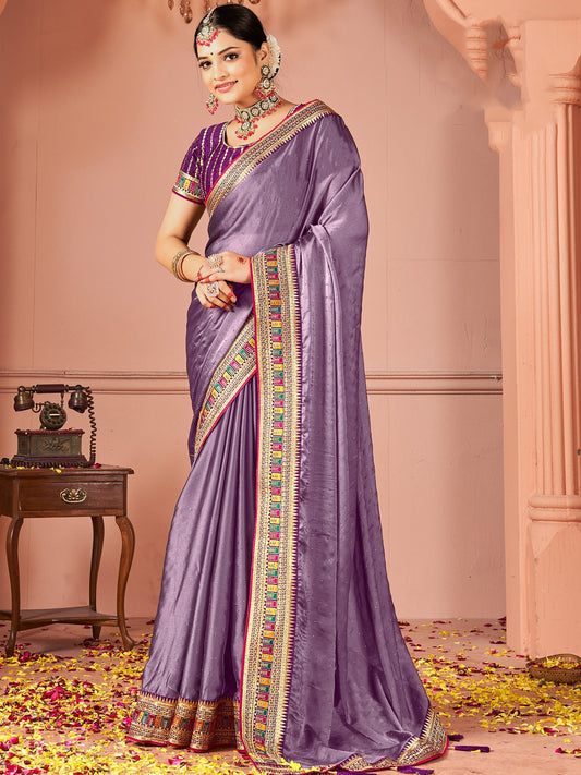 Purple Violet Party Wear Vichitra Silk Zari Embroidered Saree