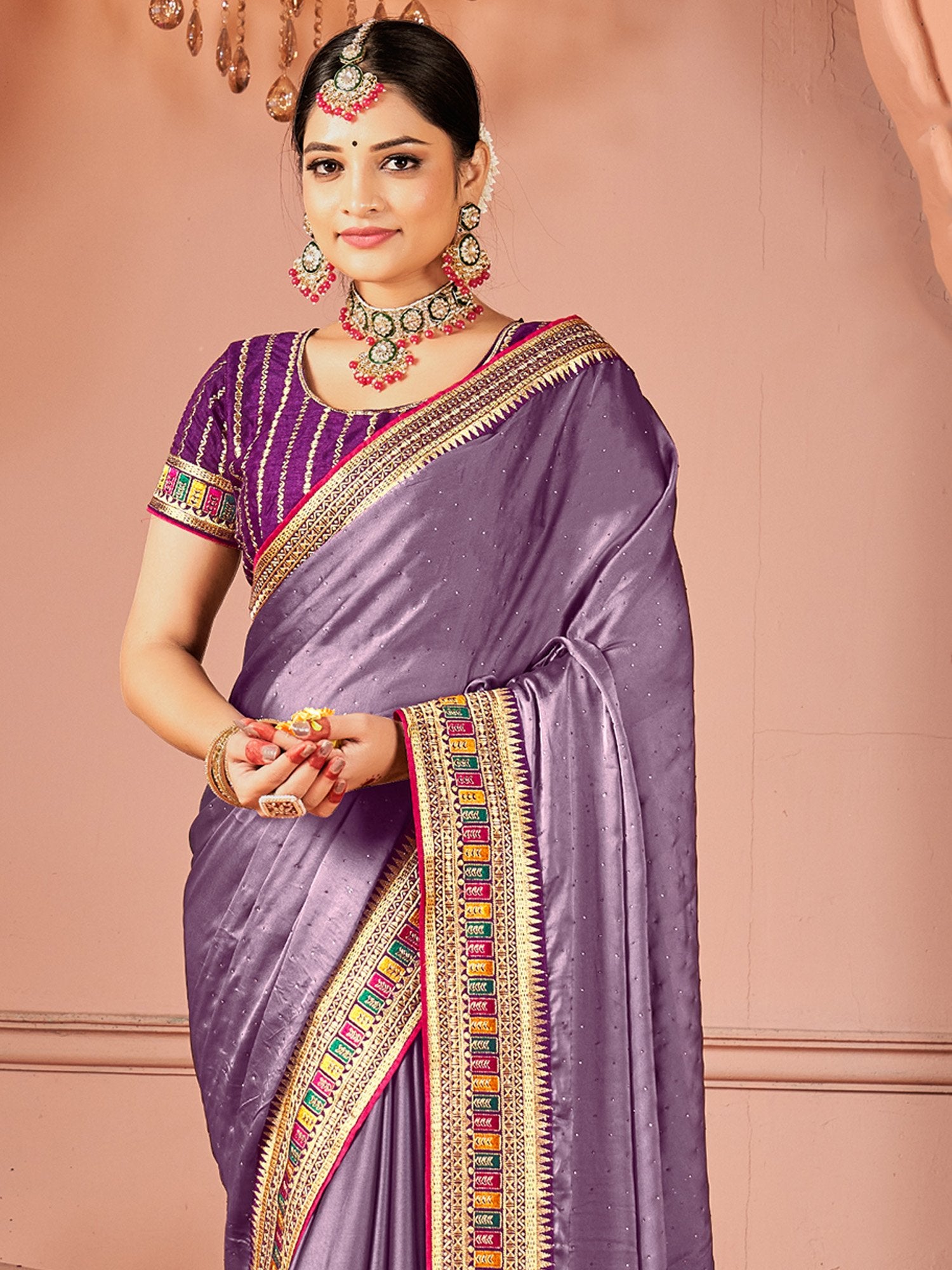 Violet Party Wear Vichitra Silk Zari Embroidered Saree