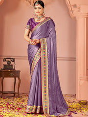 Violet Party Wear Vichitra Silk Zari Embroidered Saree