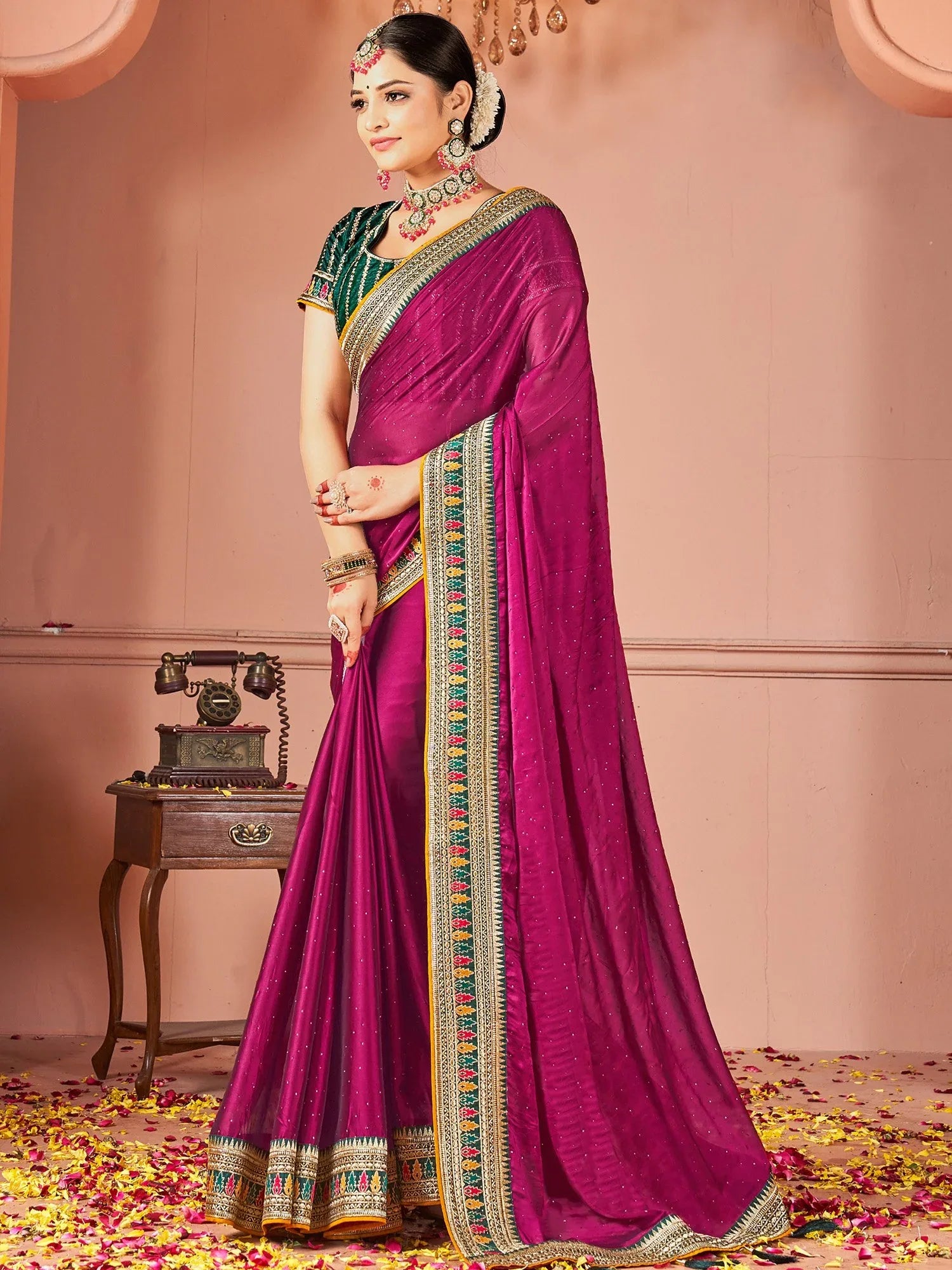 Magenta Party Wear Vichitra Silk Zari Embroidered Saree