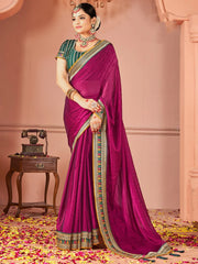 Pink Magenta Party Wear Vichitra Silk Zari Embroidered Saree