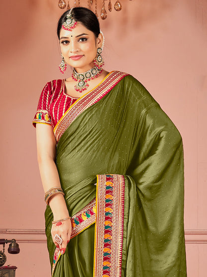 Olive Party Wear Vichitra Silk Zari Embroidered Saree
