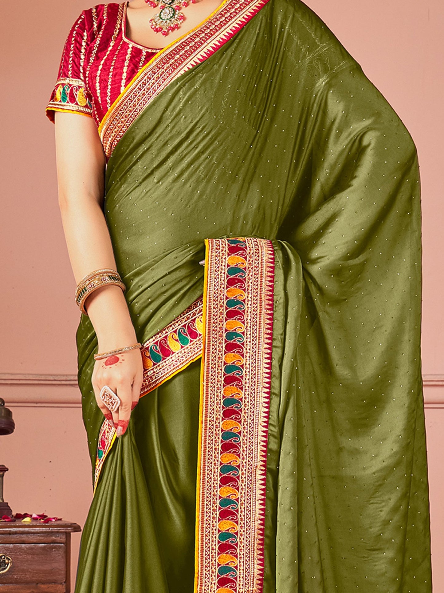 Olive Party Wear Vichitra Silk Zari Embroidered Saree