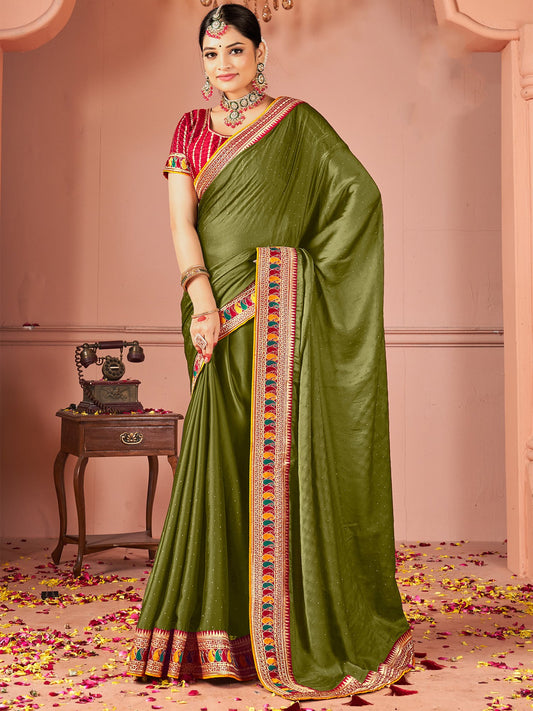 Green Olive Party Wear Vichitra Silk Zari Embroidered Saree