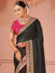 Black Party Wear Vichitra Silk Zari Embroidered Saree