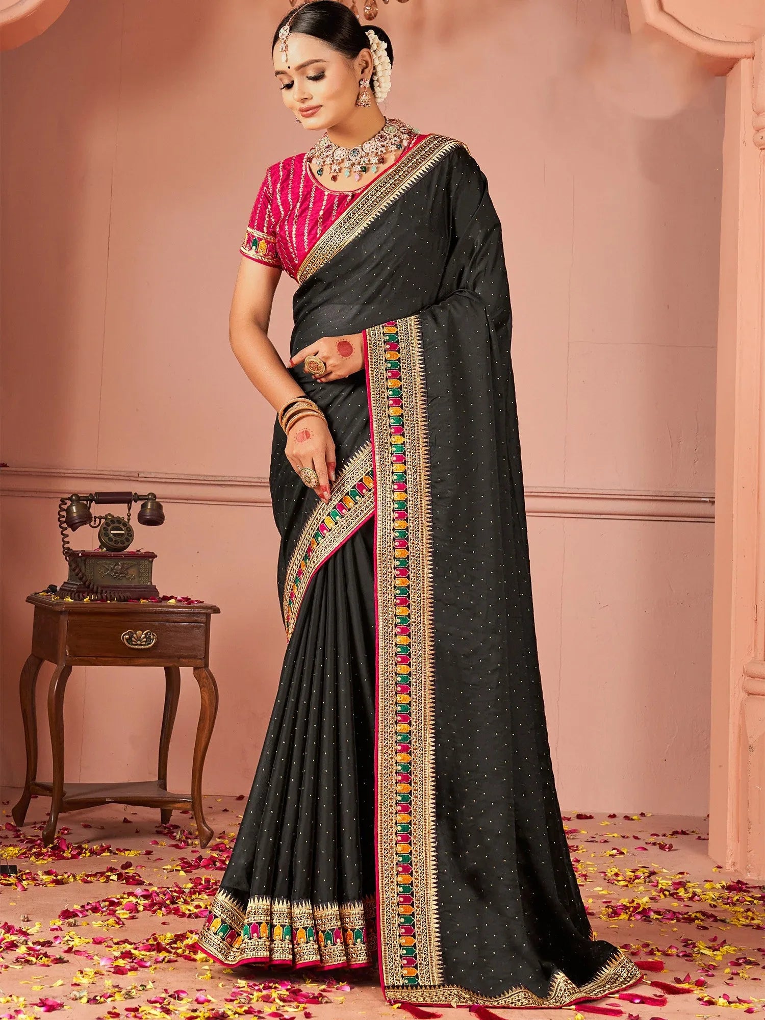 Black Black Party Wear Vichitra Silk Zari Embroidered Saree