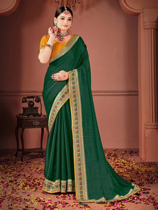 Green Green Party Wear Vichitra Silk Zari Embroidered Saree