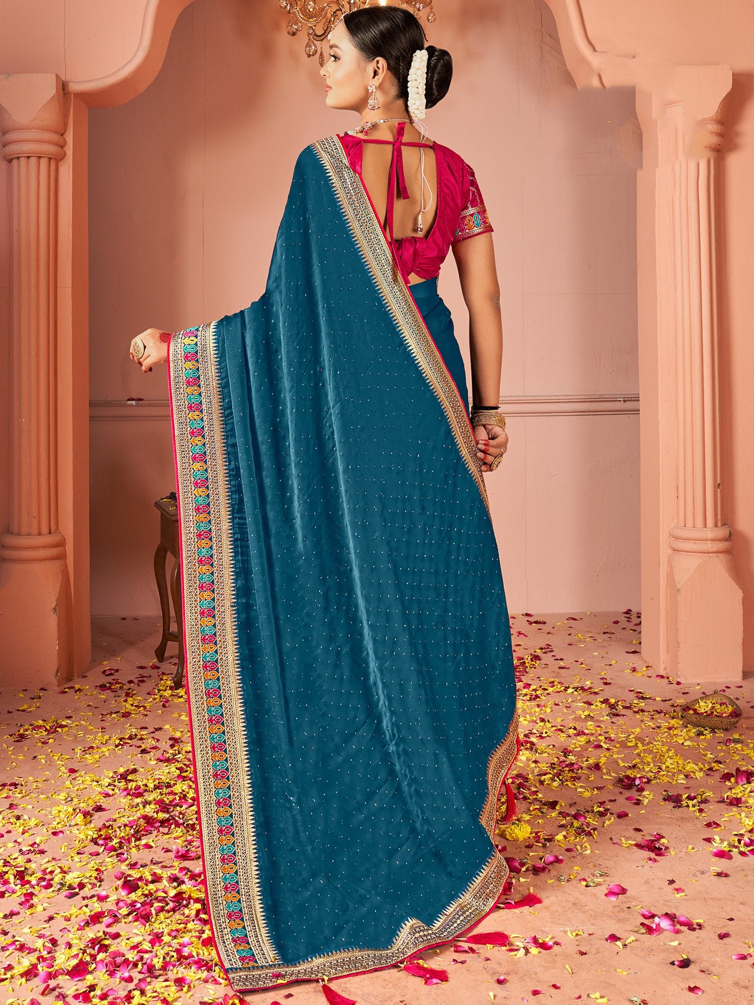 Teal Blue Party Wear Vichitra Silk Zari Embroidered Saree