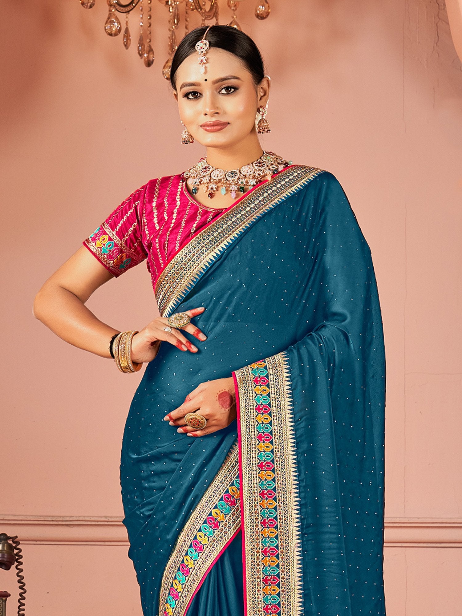 Teal Blue Party Wear Vichitra Silk Zari Embroidered Saree