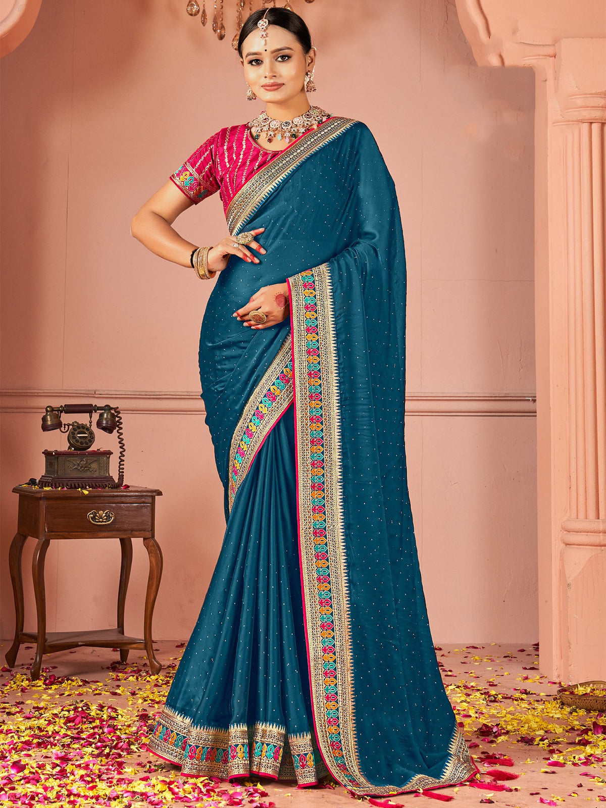 Blue Teal Party Wear Vichitra Silk Zari Embroidered Saree