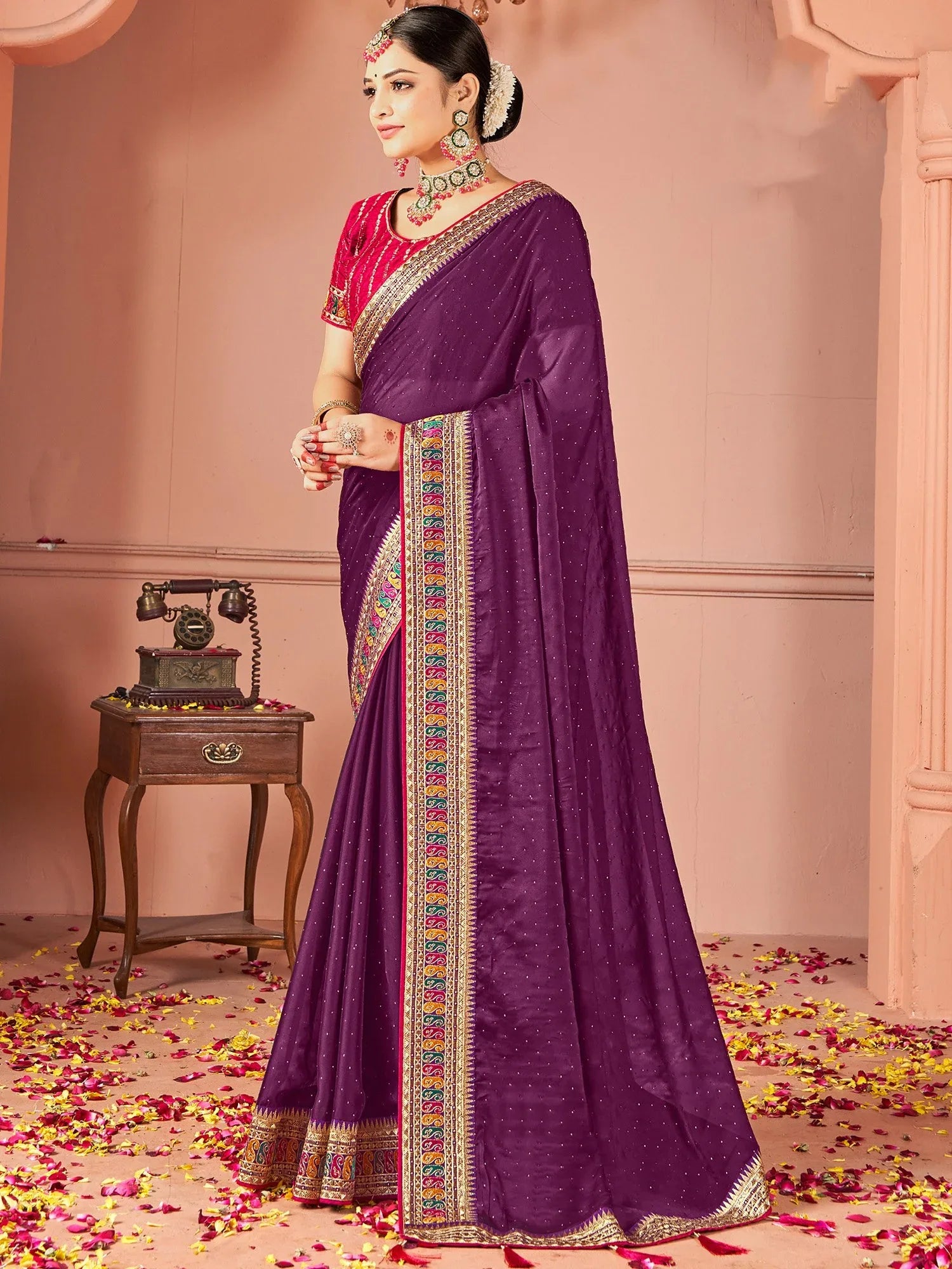 Purple Party Wear Vichitra Silk Zari Embroidered Saree