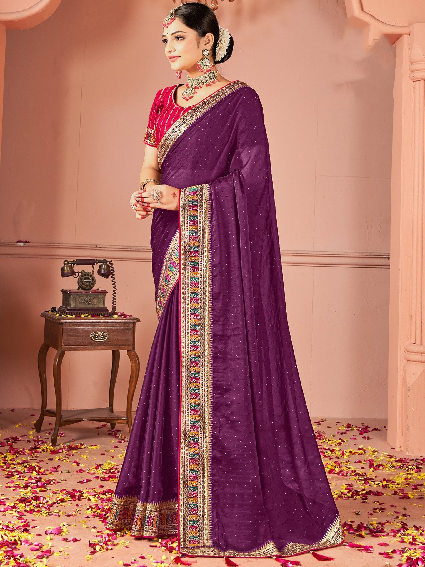 Purple Party Wear Vichitra Silk Zari Embroidered Saree