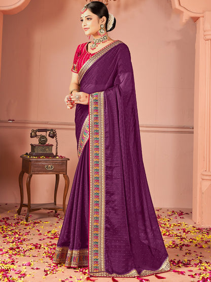 Purple Party Wear Vichitra Silk Zari Embroidered Saree