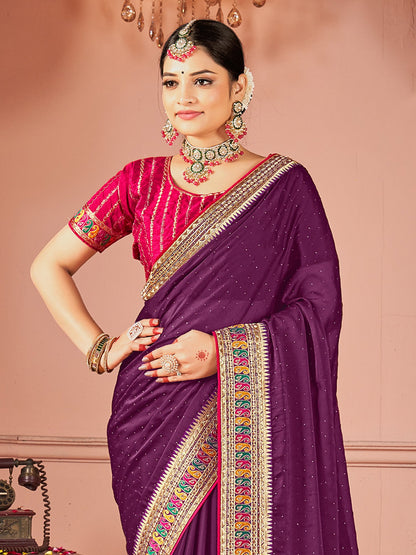 Purple Party Wear Vichitra Silk Zari Embroidered Saree