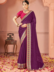 Purple Purple Party Wear Vichitra Silk Zari Embroidered Saree