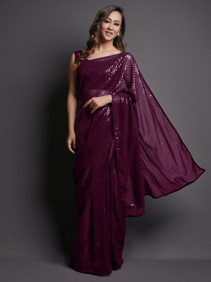 Purple Burgundy Party Wear Georgette Embellished Saree