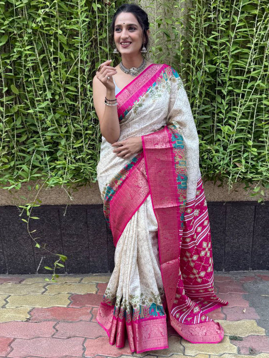 White Off Sungudi Dola Silk Printed Saree
