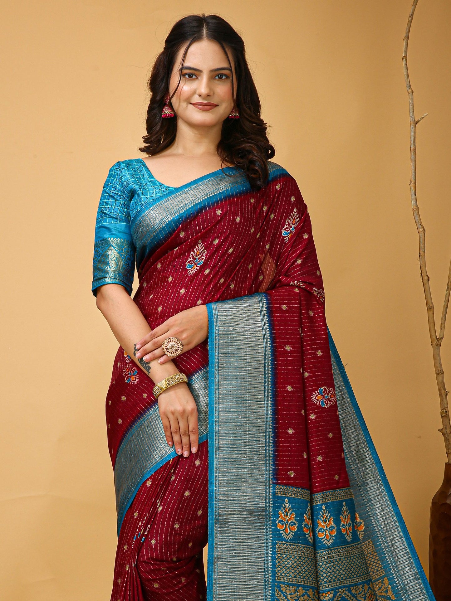 Maroon Sungudi Silk Blend Printed Saree