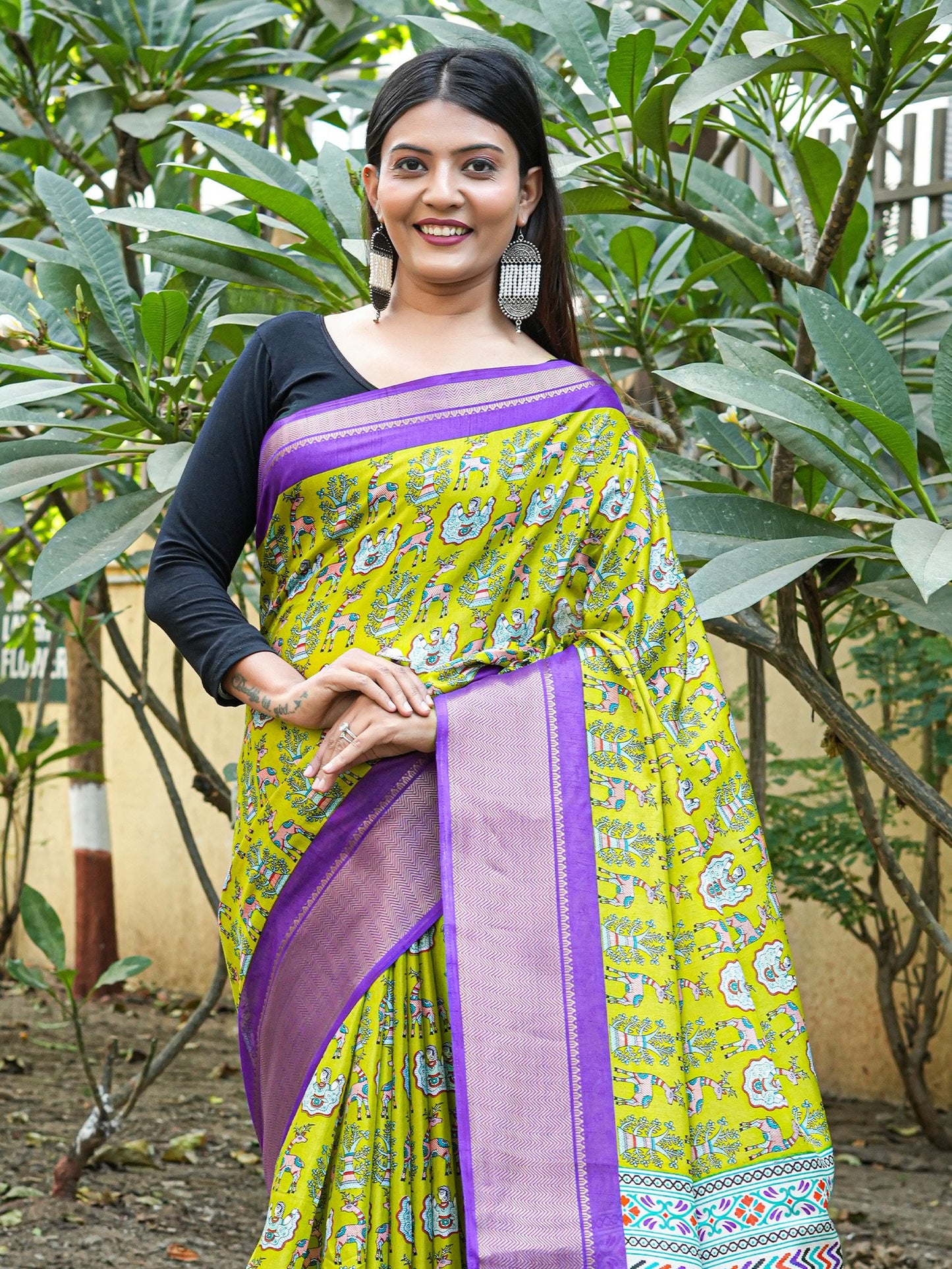 Lime Sungudi Silk Blend Printed Saree