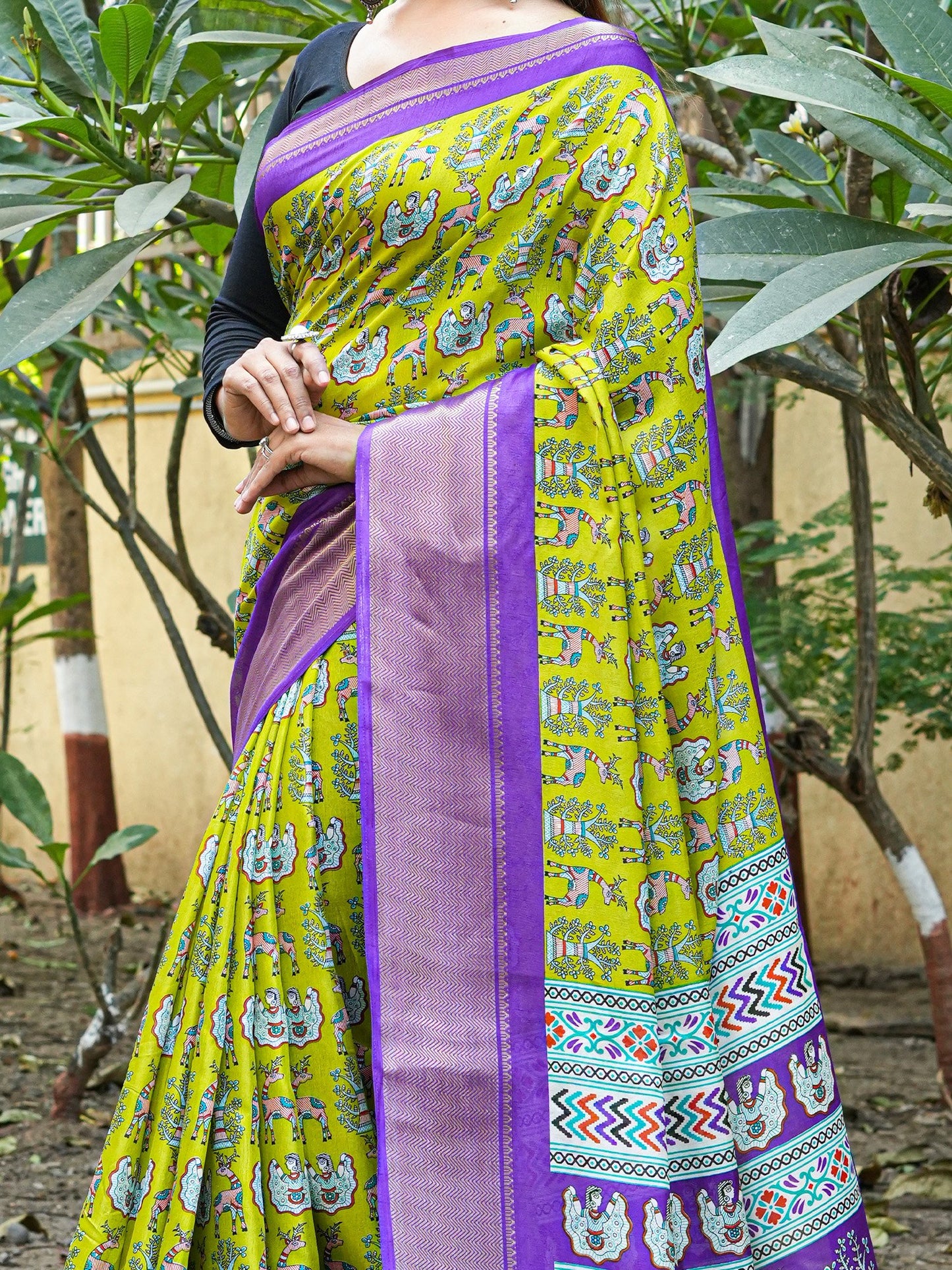 Lime Sungudi Silk Blend Printed Saree