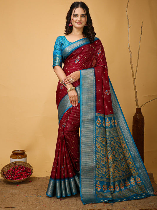 Maroon Maroon Sungudi Silk Blend Printed Saree