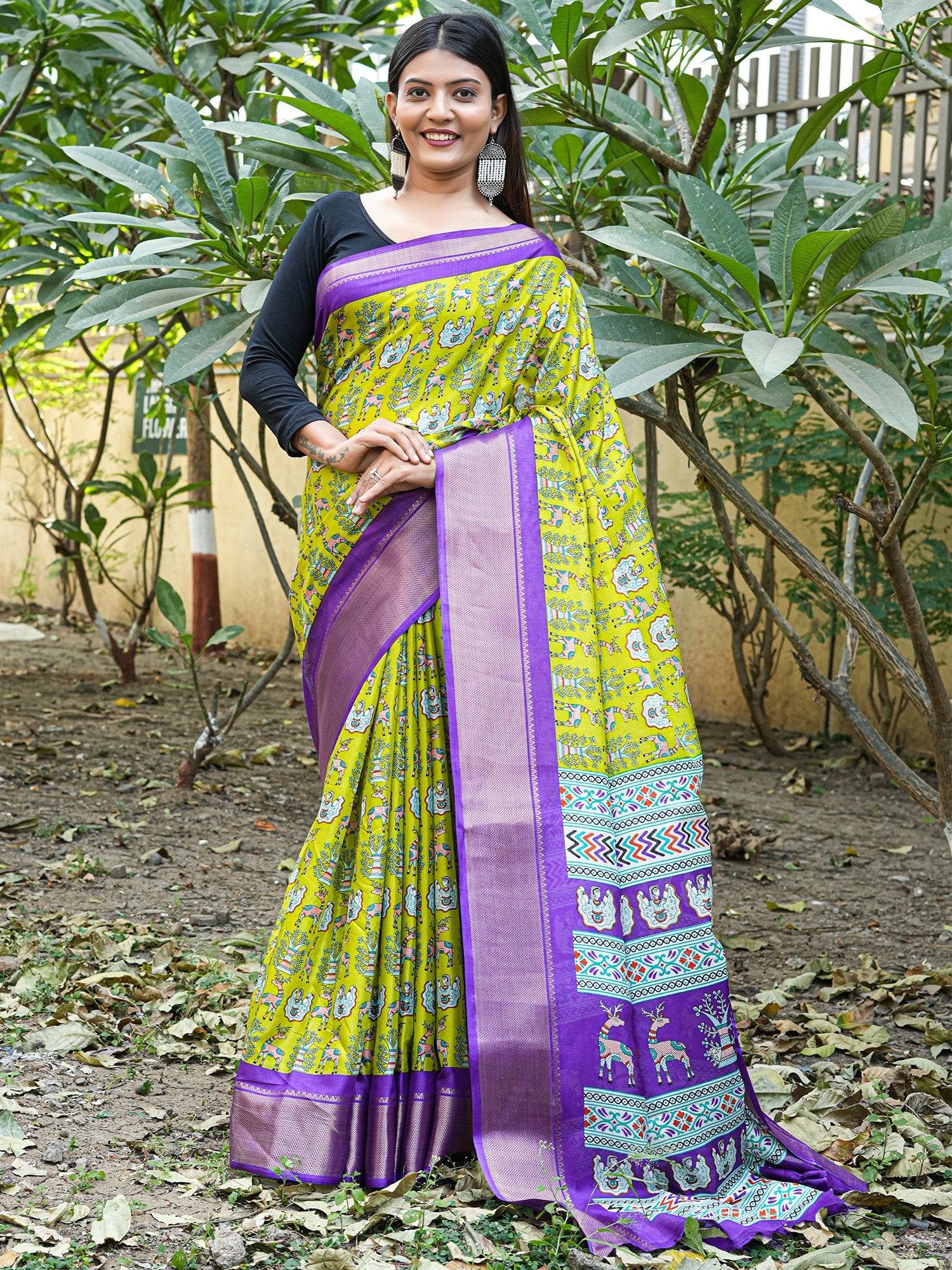 Green Lime Sungudi Silk Blend Printed Saree