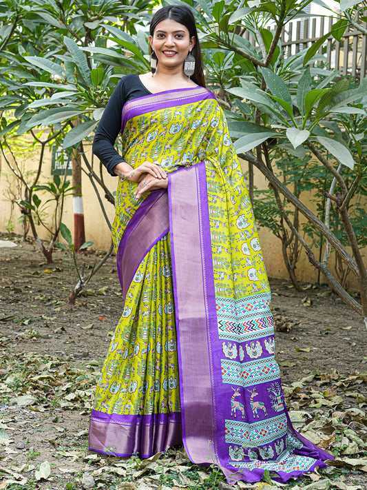 Green Lime Sungudi Silk Blend Printed Saree