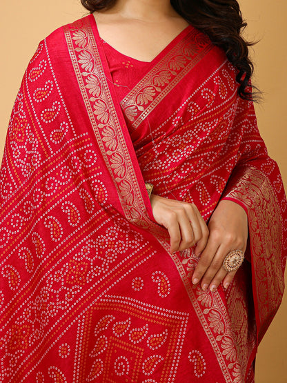 Red Bandhani Dola Silk Printed Saree