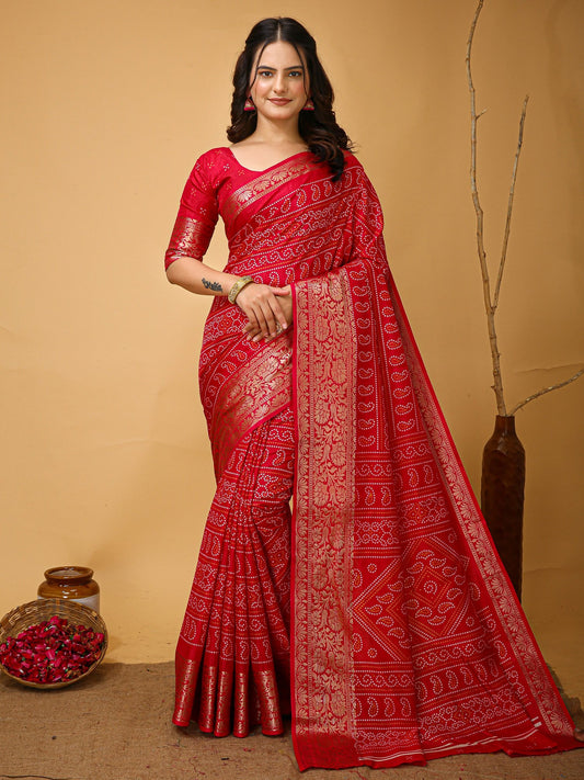 Red Red Bandhani Dola Silk Printed Saree