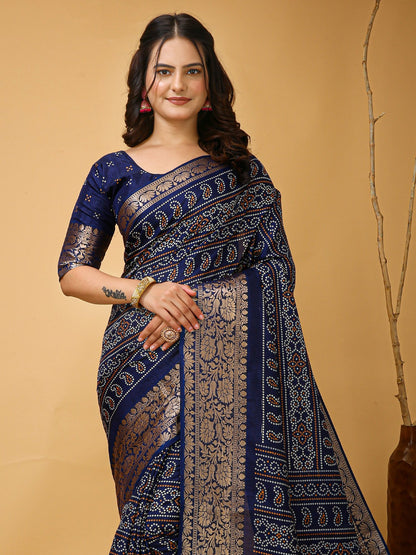 Navy Bandhani Dola Silk Printed Saree