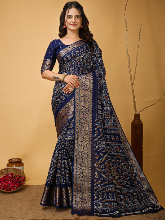 Blue Navy Bandhani Dola Silk Printed Saree