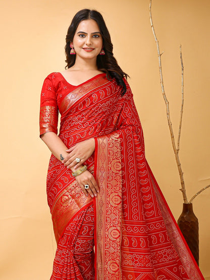 Red Bandhani Dola Silk Printed Saree
