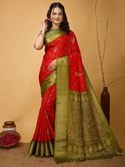 Red Red Sungudi Silk Blend Printed Saree