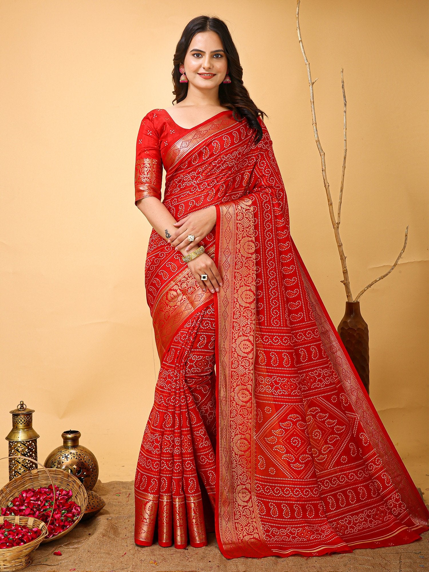 Red Red Bandhani Dola Silk Printed Saree