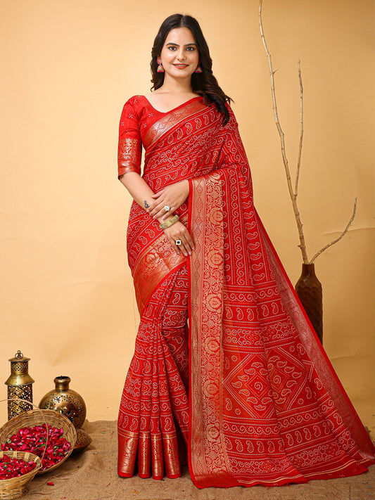 Red Red Bandhani Dola Silk Printed Saree