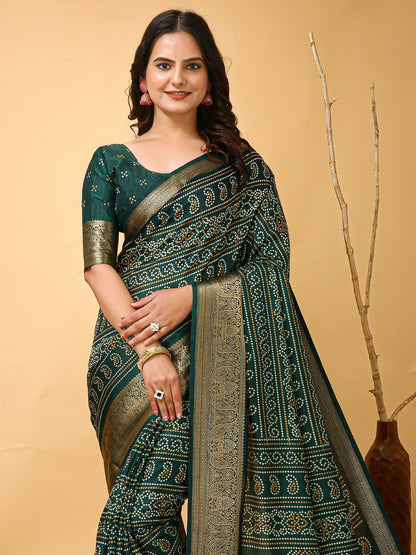 Green Bandhani Dola Silk Printed Saree