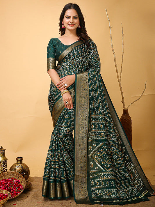 Green Green Bandhani Dola Silk Printed Saree