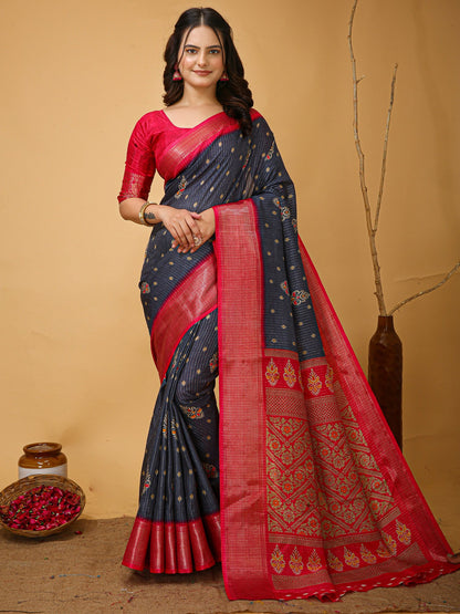 Grey Grey Sungudi Silk Blend Printed Saree