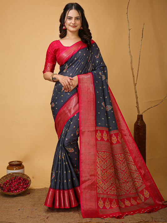 Grey Grey Sungudi Silk Blend Printed Saree