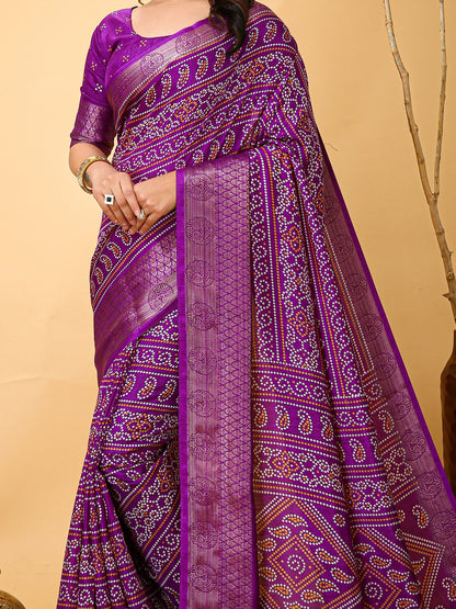 Purple Bandhani Dola Silk Printed Saree