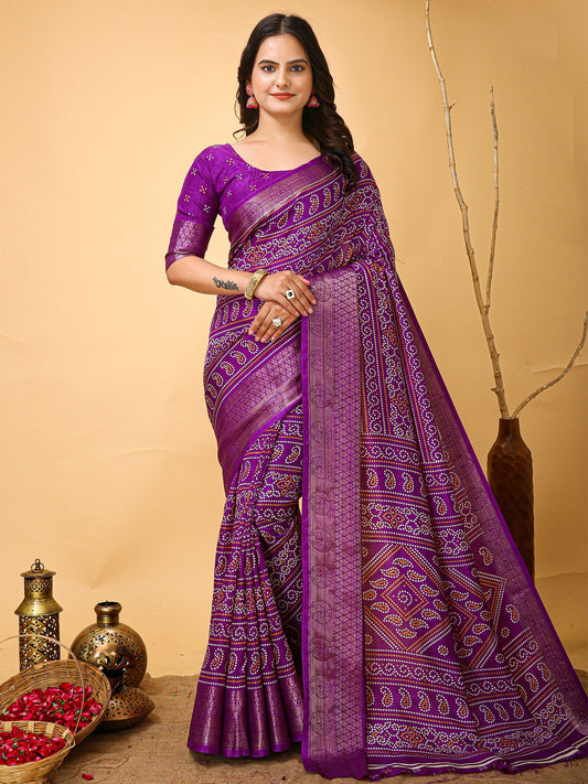 Purple Purple Bandhani Dola Silk Printed Saree