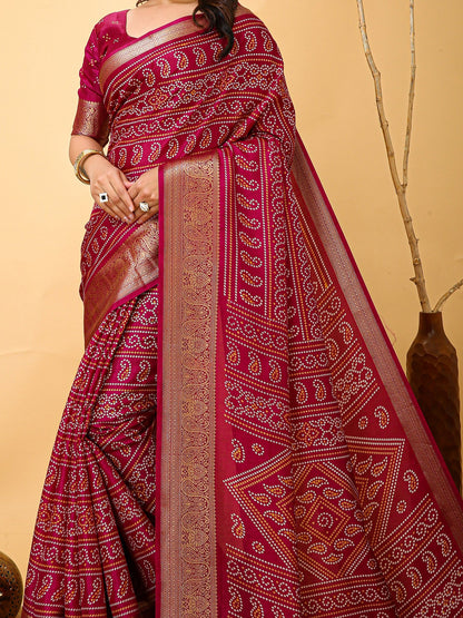 Pink Bandhani Dola Silk Printed Saree