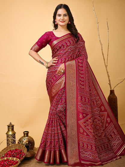 Pink Pink Bandhani Dola Silk Printed Saree
