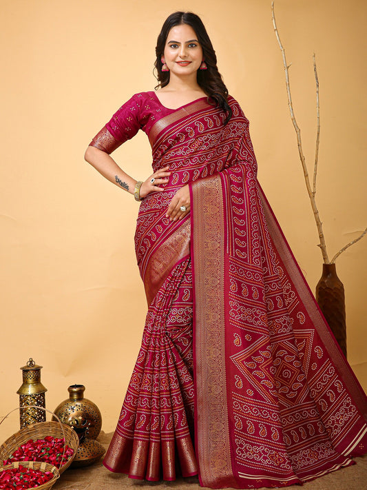 Pink Pink Bandhani Dola Silk Printed Saree