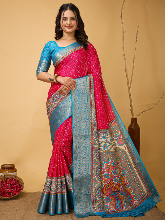 Pink Pink Sungudi Silk Blend Printed Saree