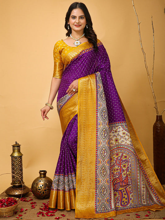 Purple Purple Sungudi Silk Blend Printed Saree