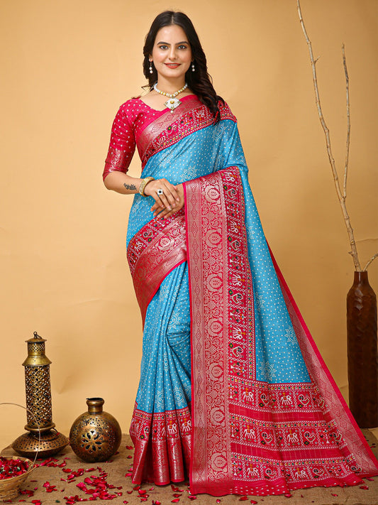 Blue Light Patola Dola Silk Printed Saree