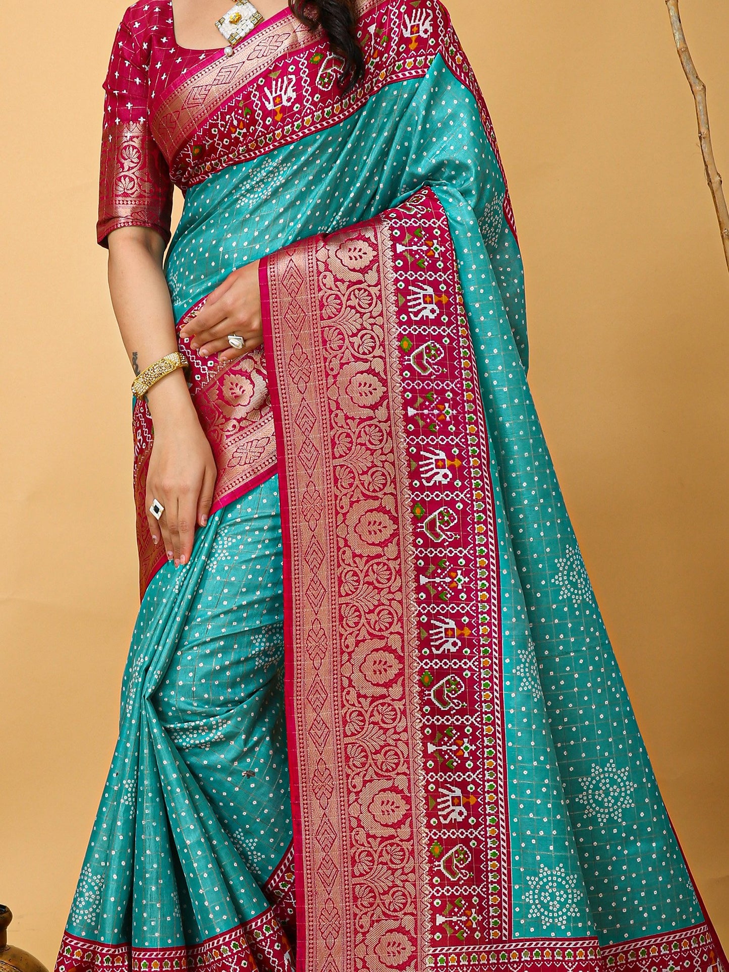 Turquoise Patola Dola Silk Printed Saree