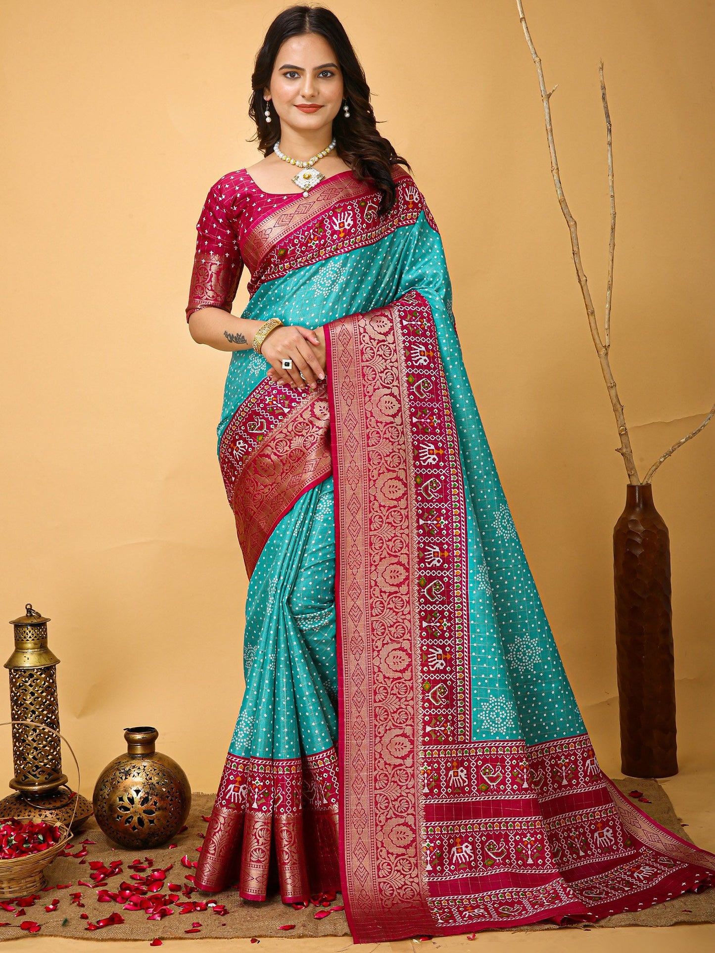 Blue Turquoise Patola Dola Silk Printed Saree