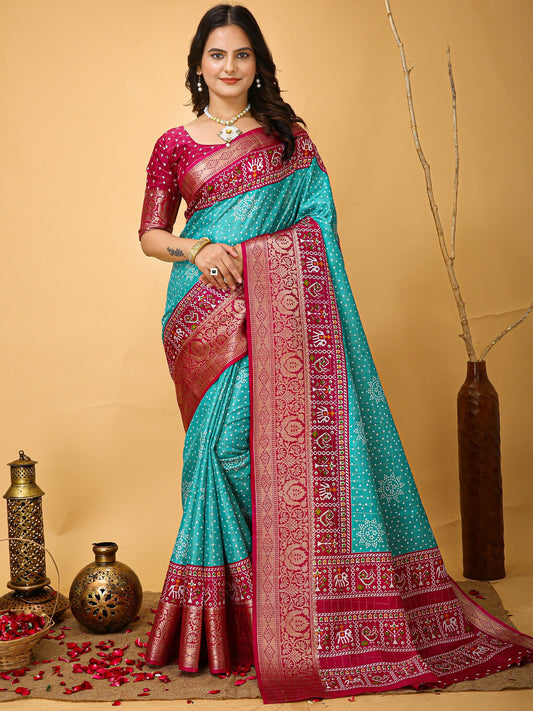 Blue Turquoise Patola Dola Silk Printed Saree